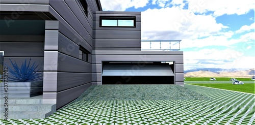 Stylish thoughtful garage with lifting automatic metal gates that react to the approaching resident of the house. A suitable illustration for a publication about smart homes. 3d rendering.