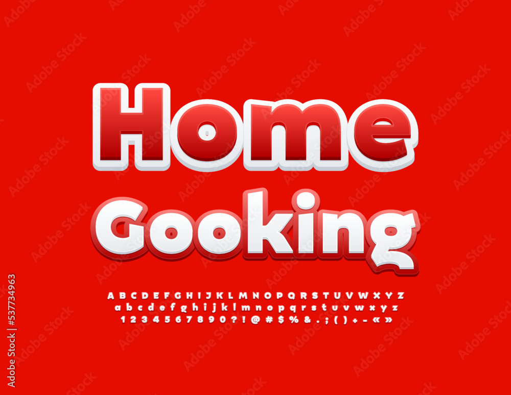 Vector bright emblem Home Cooking. White and Red Modern Font. Creative Alphabet Letters and Numbers set Vector bright emblem Home Cooking. White and Red Modern Font. Creative Alphabet Letters and Numbers set