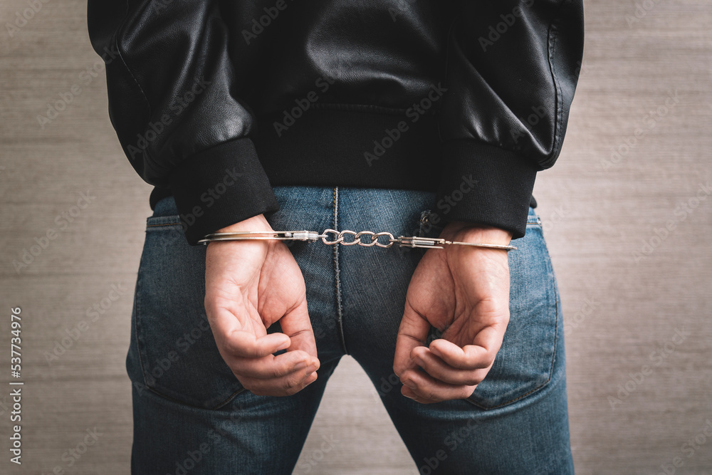 Arrested Man Handcuffed Hands At Back Prisoner Concept Handcuffed