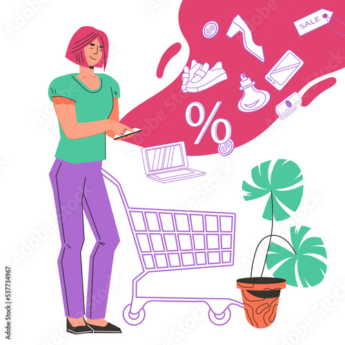 Happy customer female character shopping online flat vector illustration isolated on white background. Smiling woman places an order for electronics and fashion clothes in an online store.
