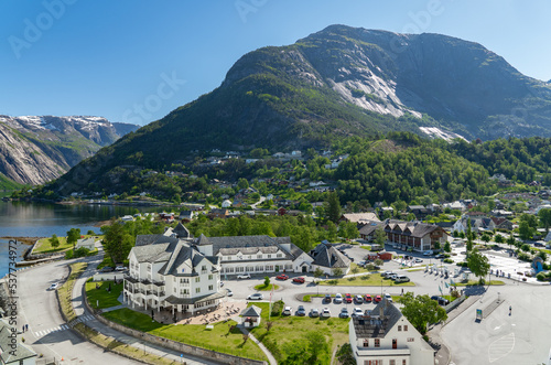 The charming little town of Eidfjord on the fjord of the same name in Norway photo