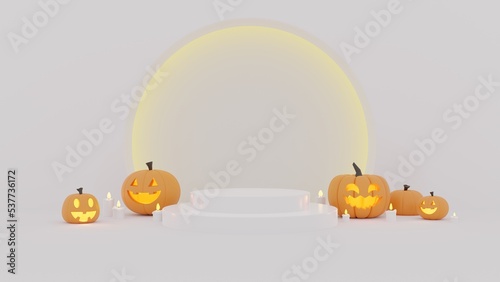 3D render minimal podium Halloween concept with pumpkin and candles