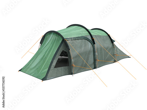 3D illustration of large green tent for recreation on white background no shadow