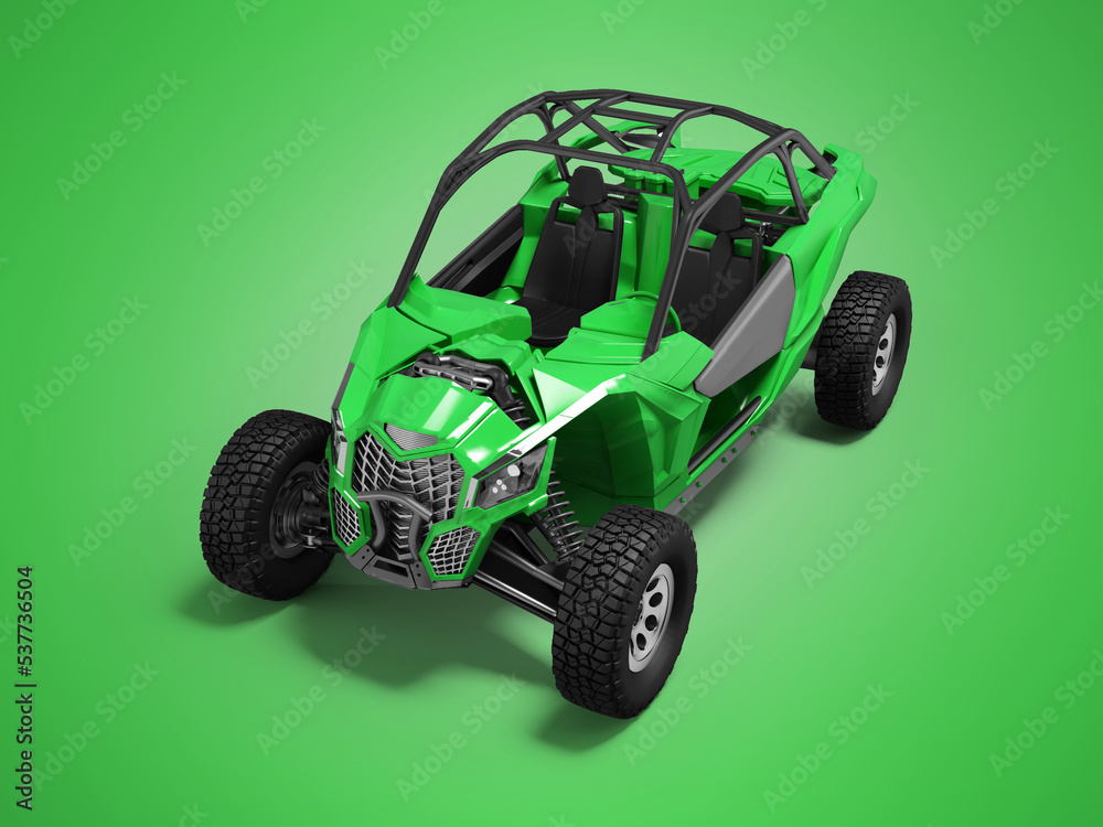 3d illustration perspective view of green rally car on green background with shadow