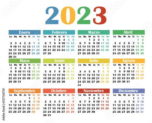 Calendar 2023 in spanish. The week starts on Monday. Vector calendar design template. Colorful calendar.