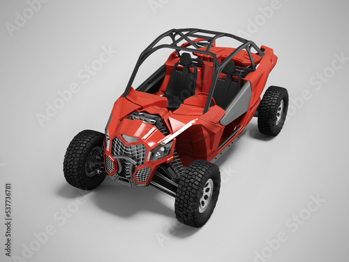 3d illustration perspective view of red rally car on gray background with shadow