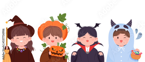Cute children in Halloween costumes. Autumn Festival Halloween Concept Vector Character Illustration Set.