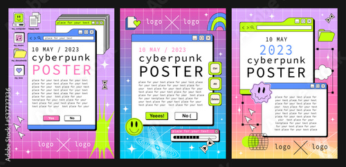 Set of posters with PC windows in the y2k style. Acid Retro interface of an old computer Copyspace template. photo