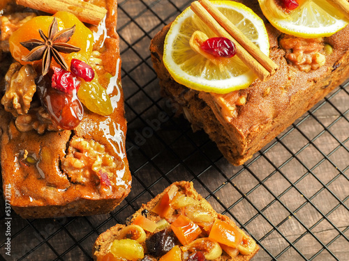 A Home made of fruit cake made with fruit marinated in whiskey.
