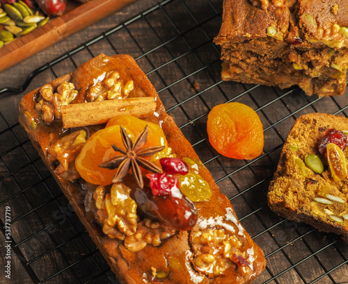 A Home made of fruit cake made with fruit marinated in whiskey.