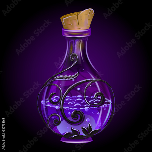 magic purple glass potion flask used for poisons, health potion, magic potion, explosive liquid and incendiary mixture, for magicians, wizards, sorcerers and witches on a dark background