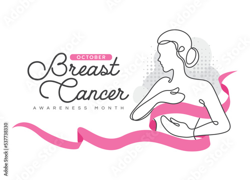 Breast cancer awareness month - pink ribbon waving roll around abstract line drawing woman sign vector design