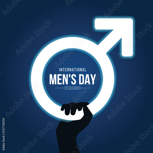 International men's day - Silhouette hand hold white neon male symbol on dark blue background vector design