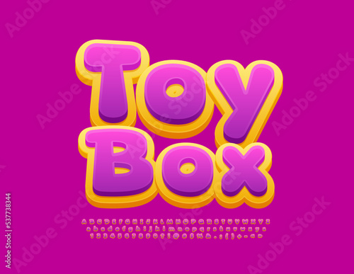 Vector funny Emblem Toy Box. Bright Kids Font. Colorful Alphabet Letters, Numbers and Symbols set