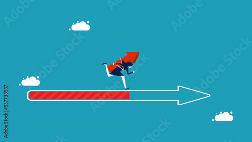 Mission for future growth. Progressive businesswoman running on the arrow bar. vector illustration