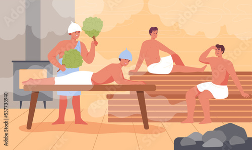 Cartoon men in towels relaxing in spa together. Sauna room interior, male characters sweating or bathing flat vector illustration. Sauna, relaxation concept for banner or landing web page