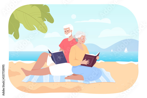 Couple of old people relaxing and reading book on beach. Mature man and woman sitting near sea flat vector illustration. Summer, retirement, relaxation concept for banner or landing web page