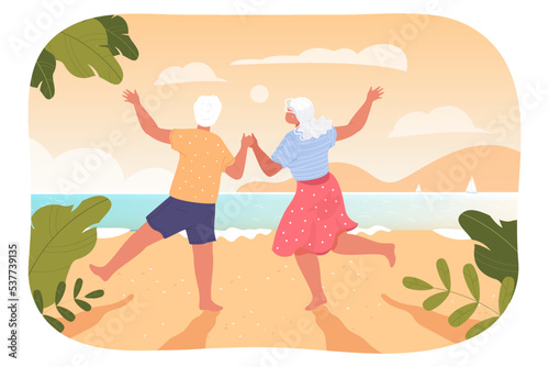 Active old couple dancing on beach together. Senior man and woman having fun near lake or sea flat vector illustration. Summer, happiness, old age concept for banner, website design or landing page