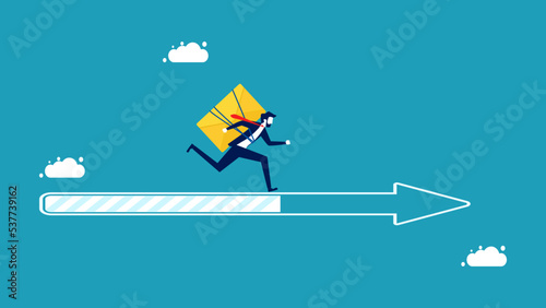 Progress of messaging and communication. Businessman with letter running on progress bar. vector