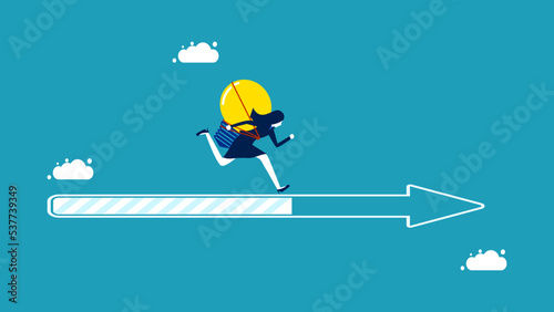 Future missions and goals. Businesswoman with light bulb running on arrow progress bar. vector