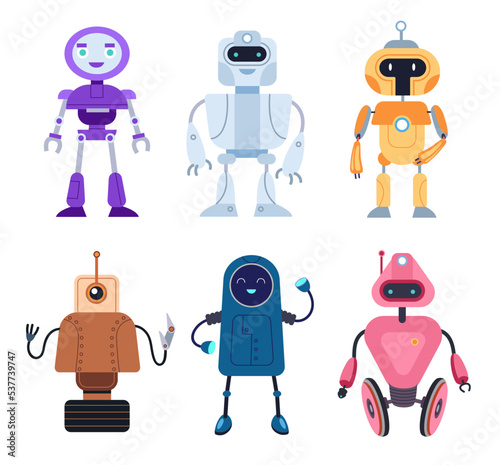 Various happy childish robots cartoon illustration collection. Colorful bots, assistances characters. Toys for kids with cute faces waving and smiling. Futuristic technology, AI concept