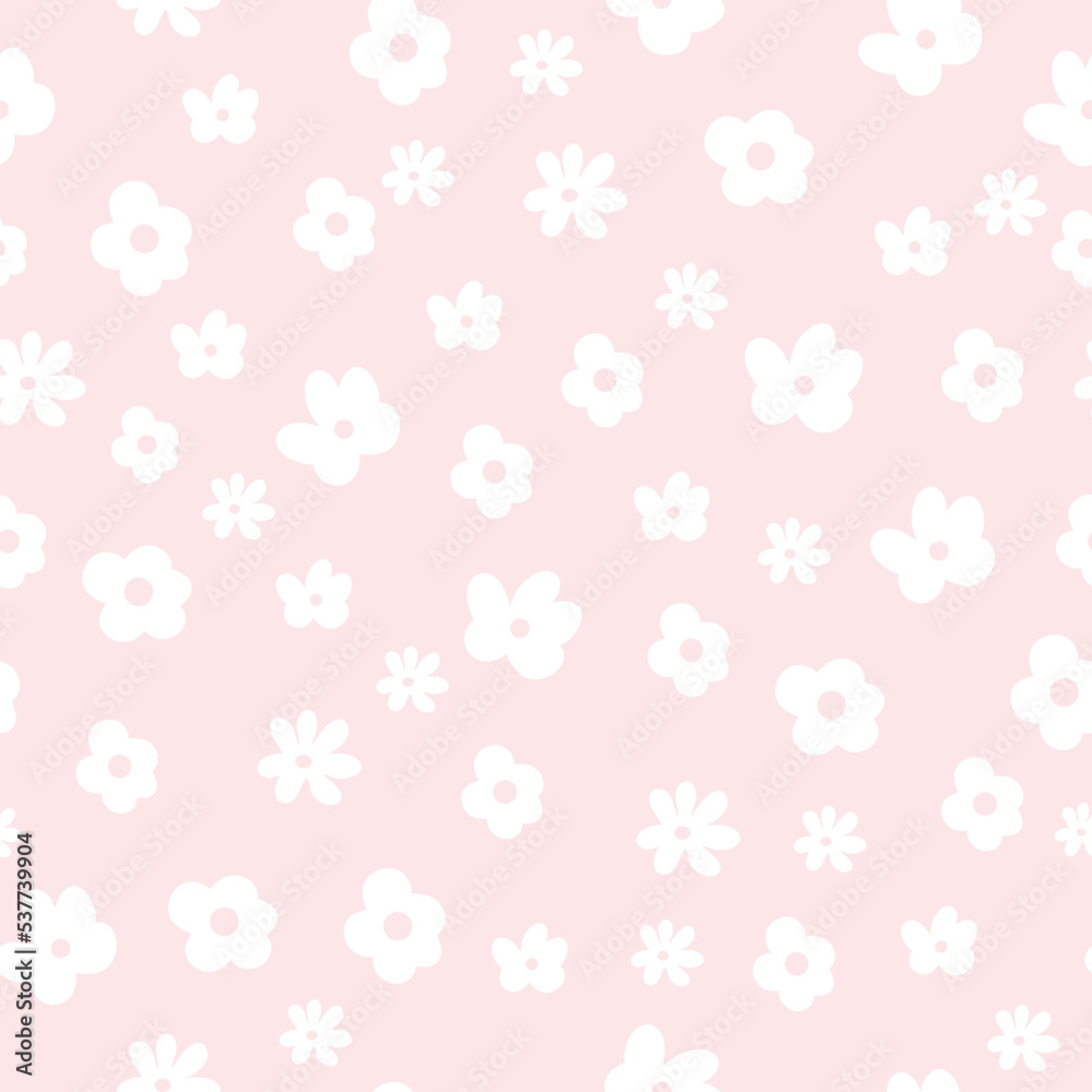 Seamless pattern of white hand drawn daisies in doodle style on a pink background. Romantic print for fabric, paper, t-shirt