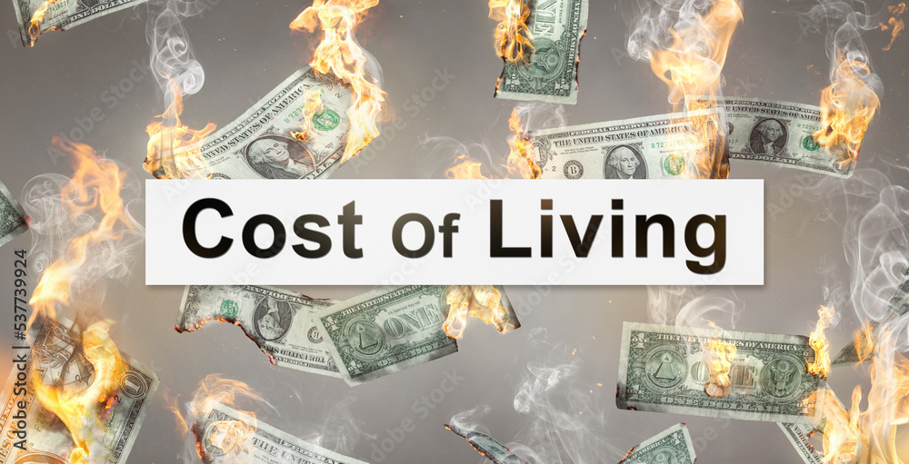 Cost of living concept with burning Dollar bills