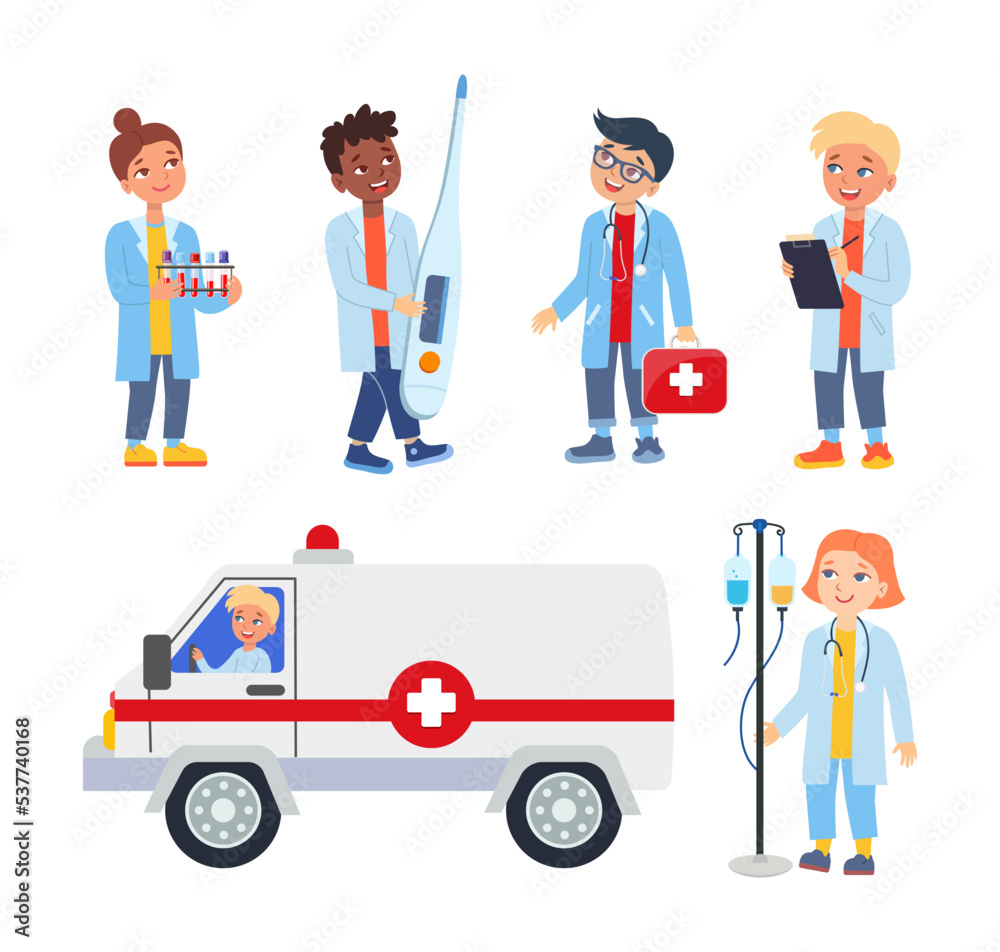 Kids doctors and nurses with medical equipment set. Vector illustrations of children choosing healthcare profession. Cartoon cute girls and boys playing doctors isolated on white. Medicine concept Kids doctors and nurses with medical equipment set. Vector illustrations of children choosing healthcare profession. Cartoon cute girls and boys playing doctors isolated on white. Medicine concept