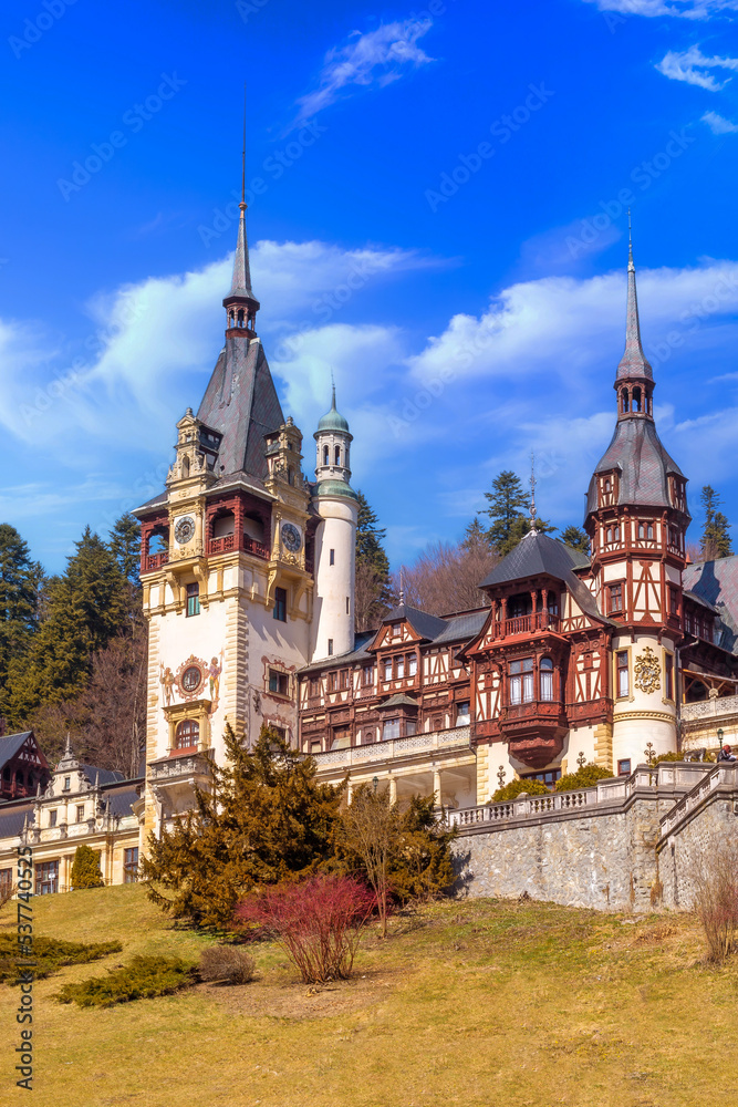 Peles castle close-up autumn view, Sinaia, Transylvania, Romania