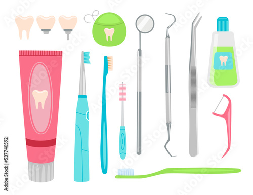 Tools for dental care and oral hygiene set. Vector illustrations of dentists equipment. Cartoon tooth toothbrush implant toothpaste floss isolated on white. Stomatology, dentistry, medicine concept