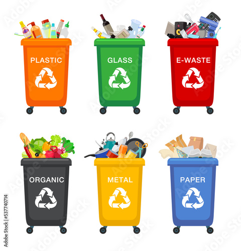 Different trash containers cartoon vector illustration set. Garbage bins for metal, e-waste, plastic, glass, organic and paper rubbish. Waste separation and recycling, environmental protection concept