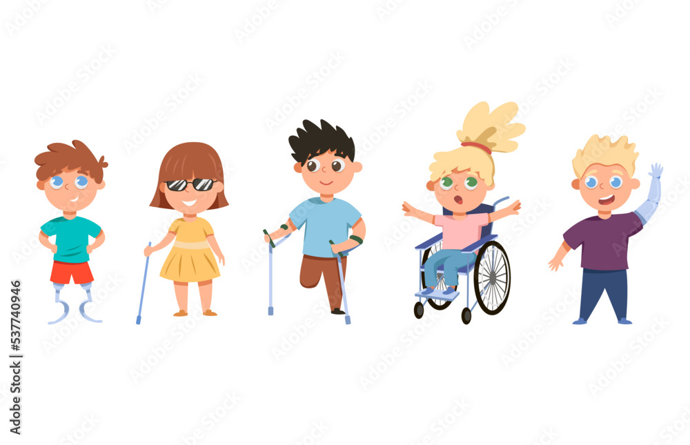 Kids with disabilities vector illustrations set. Cartoon children without legs or arms, blind girl with walking stick, child in wheelchair isolated on white background. Disability, childhood concept Kids with disabilities vector illustrations set. Cartoon children without legs or arms, blind girl with walking stick, child in wheelchair isolated on white background. Disability, childhood concept