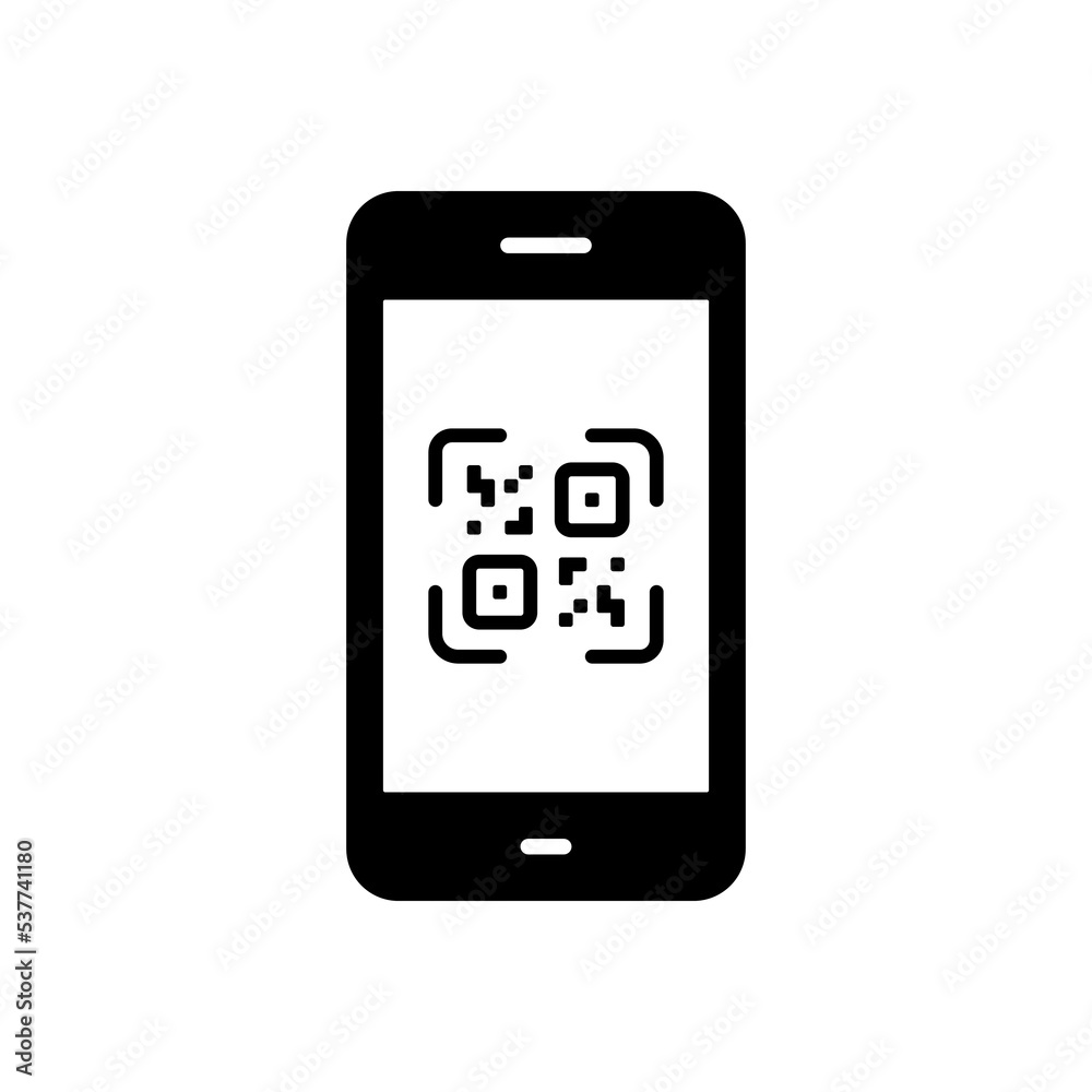 QR Code on Mobile Phone Silhouette Icon. Square QRcode App Scanner Smartphone Glyph Pictogram on White Background. Scan for Barcode Payment Application on Device Symbol. Isolated Vector Illustration QR Code on Mobile Phone Silhouette Icon. Square QRcode App Scanner Smartphone Glyph Pictogram on White Background. Scan for Barcode Payment Application on Device Symbol. Isolated Vector Illustration
