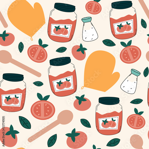 seamless pattern with mason jar with tomatoes, salt and other kitchen tools