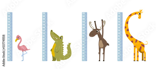 Height rulers with comic animals vector illustrations set. Wall stickers for measuring height of children with cute giraffe, crocodile cartoon characters, growth meter. Measurement, childhood concept