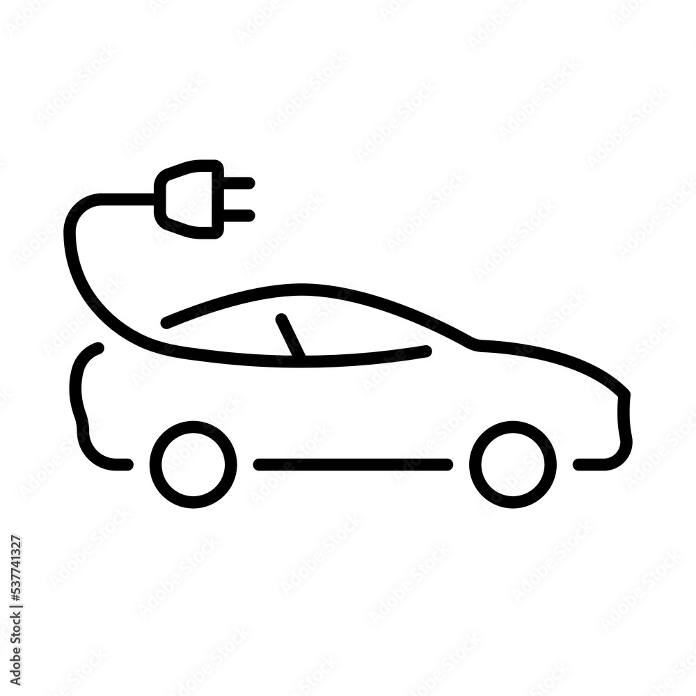 Ecology Electric Automobile Vehicle Transportation Line Icon. Car with Plug Eco Transport Pictogram. Hybrid Auto Car on Electricity Energy Outline Icon. Editable Stroke. Isolated Vector Illustration