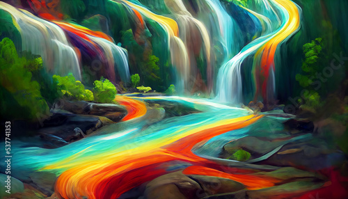 Multicolored magical rainbow colored river. Digital illustration.