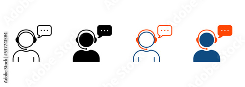 Support Customer Service Silhouette and Line Icon. Online Call Center Agent in Headset Pictogram. Hotline Assistant in Headphone with Speech Bubble Icon. Editable Stroke. Isolated Vector Illustration