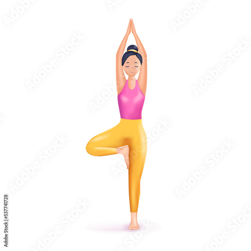 Meditation 3D illustration. Happy calm Woman meditating. Zen, yoga, meditation, relax, recreation, healthy lifestyle. Harmony and balance life. Psychology, selfcare. 3D vector