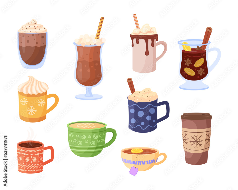 Hot drinks in mugs vector illustrations set. Cups with Christmas decorations for cozy atmosphere, warm drinks: hot cocoa or chocolate, coffee isolated on white background. Winter holidays concept Hot drinks in mugs vector illustrations set. Cups with Christmas decorations for cozy atmosphere, warm drinks: hot cocoa or chocolate, coffee isolated on white background. Winter holidays concept