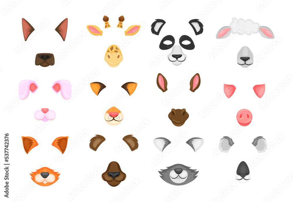 Animal face masks for video and photo set. Vector illustrations of