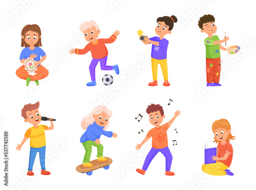 Hobbies and activities of kids set. Vector illustrations of active girls and boys. Cartoon children drawing, singing to music, playing sport games isolated on white. Childhood, kindergarten concept