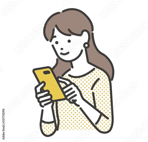 スマホを操作する女性のベクターイラスト素材／ポイ活／予約／アプリ／ビジネス
