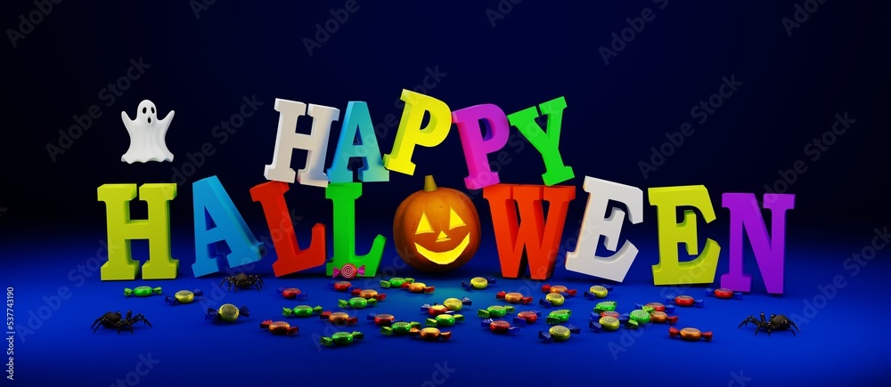 3D illustration, halloween poster, with multicolored letters, pumpkins, spiders and candies on a blue background, 3D rendering.