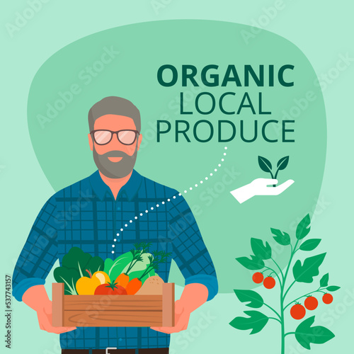 Traditional farmer holding a crate with fresh organic produce
