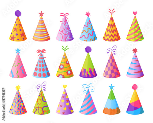 Cone colorful caps for happy birthday party set. Vector illustrations of kids paper hats for carnival. Cartoon funny festive objects isolated on white. Accessory for holiday, celebration concept
