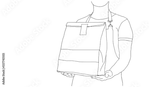 The guy in the cap courier with boxes. One line drawing isolated object by hand on a white background.