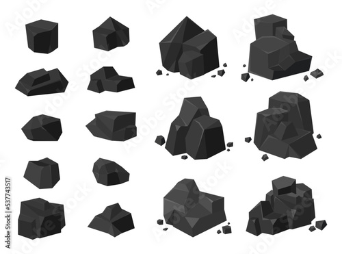 Black stones, rocks or coal flat vector illustrations set. Piles of iron ore lumps, graphite, basalt, anthracite, carbon or charcoal isolated on white background. Nature, minerals, mining concept