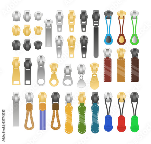 Different zipper pullers vector illustrations set. Vintage or modern metal or leather zipper pulls for backpack, sportswear, clothes with cords isolated on white background. Fashion, accessory concept photo
