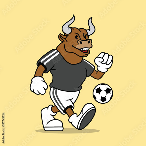 Bull mascot playing soccer illustration premium vector